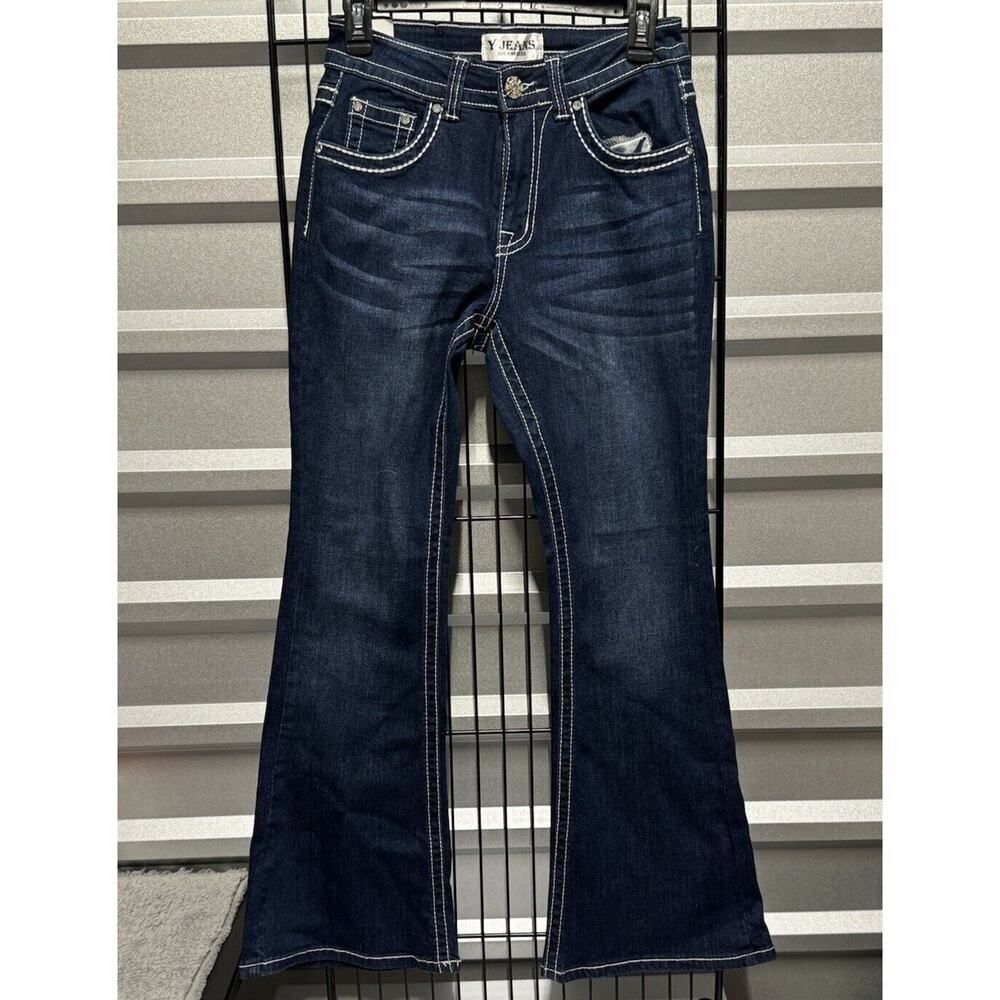 Y Jeans Los Angeles Women Y2K Flare Leg Bling Jeans Embelished Pockets Size 7/8